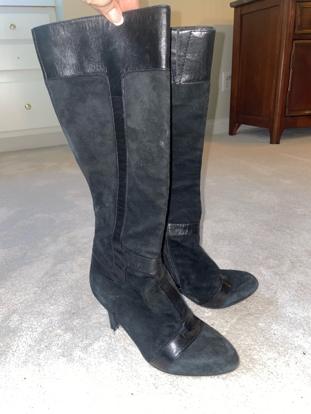 Taryn Rose Black Suede and Leather Knee-High Heel Boots